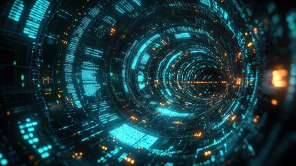 Futuristic tunnel with glowing digital patterns and circuits.