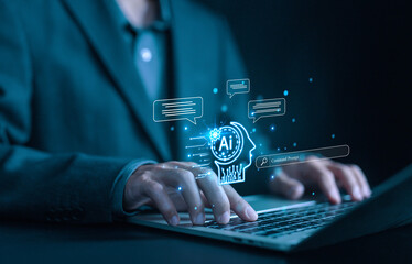 AI generates bot artificial intelligence. Communication is open for chat customers to develop chatbot digital technology—the concept of command prompt information, which is smart robot conversation.