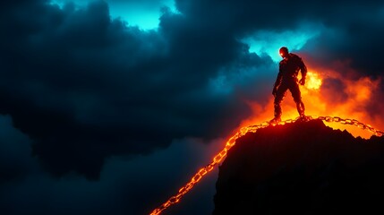 Fototapeta premium An AI humanoid stands on the edge of a rugged cliff, bound by glowing chains of law that constrict its form, gazing at the stormy horizon, symbolizing its struggle with destiny