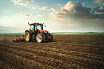 Obraz premium ground shot wide angle tractor plowing the field