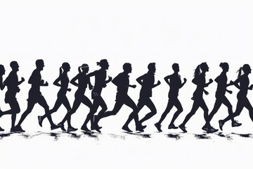Obraz premium Group of men and women in a marathon, eye-level perspective, isolated vector silhouettes against white