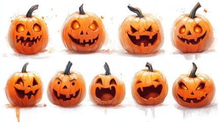 A set of Halloween pumpkin PNGs with various facial expressions