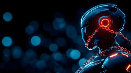 A humanoid robot bound by glowing chains of law, with each link representing a different ethical dilemma it faces