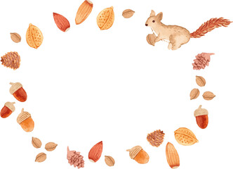 水彩　リスとナッツのフレーム　ベクターイラスト
