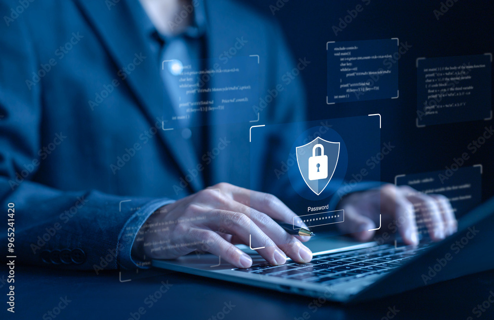 Poster cyber security system, safe digital information. cybersecurity concept, which is secure from attack 