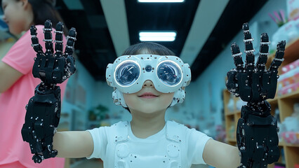 Excited child wearing goggles and robotic gloves in science lab, Playful kid exploring futuristic robotic prosthetic limbs technology with protective gear
