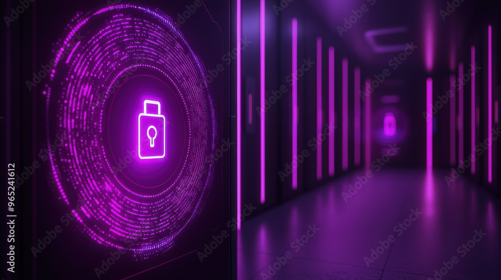 Poster futuristic corridor with glowing purple lights and a secure lock symbol, representing data security 