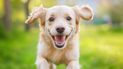 A dog running in the grass with a smile on his face, AI