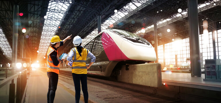 .Modern Industrial and transportation, Engineers technician team checking monorail maintenance center and garage with analyzing and development construction project with ai technology software.