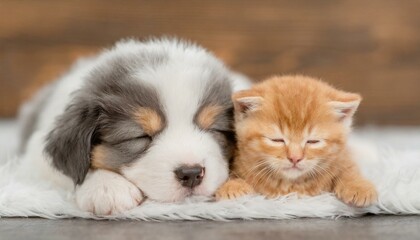 生まれたての子猫と子犬が仲良く寄り添って寝ている