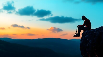 Obraz premium Bound AI humanoid contemplating destiny, chained by legal codes, on the brink of a steep cliff selective focus, introspective, ethereal, silhouette, mountainous terrain backdrop