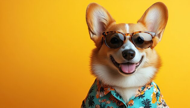 A corgi in a Hawaiian shirt and sunglasses, seated against a bright yellow background