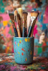 Fototapeta premium A paintsplattered cup holding brushes on a colorful artists workspace