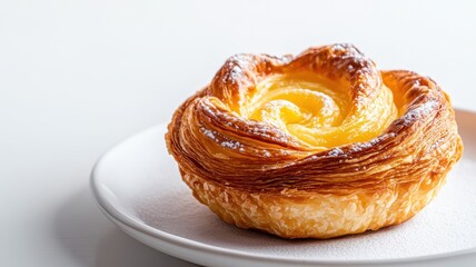 Pastel de nata isolated on a clean white background, highlighting the golden crust and creamy filling details.