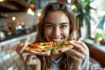 happy woman looking down and eating pizza slice with pears