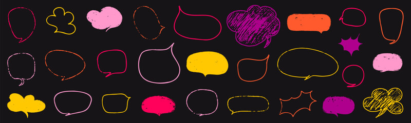 Crayon speech bubble children set. Round, cloud and star frame for text. Chalk texture dialog speech balloon. Crayon bubble for talk and children comic design. Vector illustration