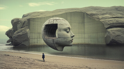 Surreal stone head of woman hovering above beach landscape, Walking alone on the beach absent minded or lost in thought