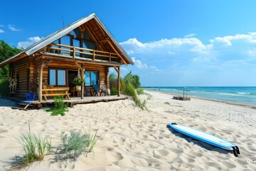 Holiday house on the beach. Wooden house with boards for wind serfing on a sand beach. Summer vacation concept