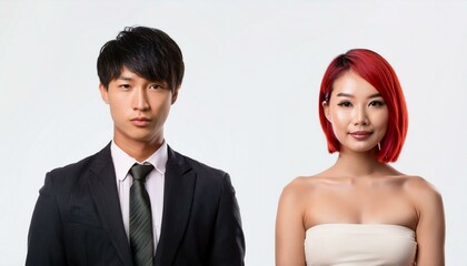 スーツを着た男性とウェディングドレスを着た赤髪の女性 カップル 日本人 アジア人 祝い事
