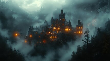Fototapeta premium A spooky castle with dark turrets and glowing windows, set against a foggy background, on a white canvas