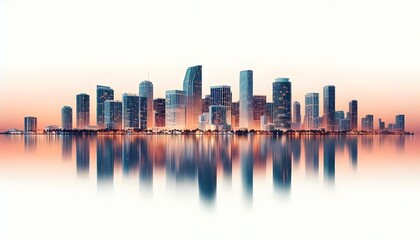 Obraz premium Miami skyline at dusk with illuminated buildings reflecting in the water. The cityscape is set against a white background, highlighting the urban architecture