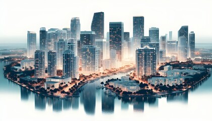 Naklejka premium Miami skyline at dusk with illuminated buildings reflecting in the water. The cityscape is set against a white background, highlighting the urban architecture