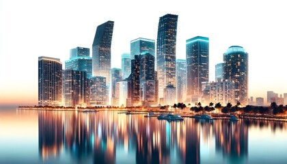 Fototapeta premium Miami skyline at dusk with illuminated buildings reflecting in the water. The cityscape is set against a white background, highlighting the urban architecture