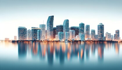 Fototapeta premium Miami skyline at dusk with illuminated buildings reflecting in the water. The cityscape is set against a white background, highlighting the urban architecture