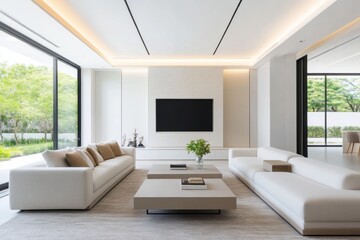 A minimalist, clean living room with a symmetrical design, showcasing modern simplicity and balance. 