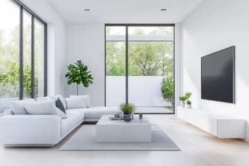 Fototapeta premium A minimalist, clean living room with a symmetrical design, showcasing modern simplicity and balance. 