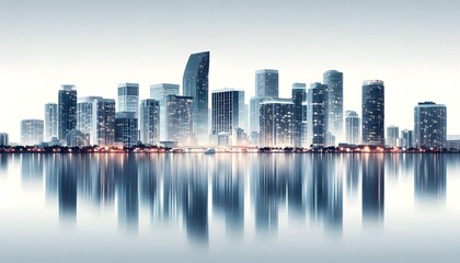 Fototapeta premium Miami skyline at dusk with illuminated buildings reflecting in the water. The cityscape is set against a white background, highlighting the urban architecture