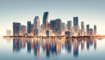 Miami skyline at dusk with illuminated buildings reflecting in the water. The cityscape is set against a white background, highlighting the urban architecture