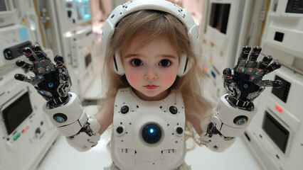 Lifelike humanoid robot girl toddler with expressive face and robotic hands and limbs, Advanced AI android child superhuman in futuristic setting