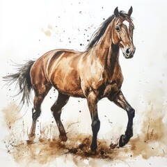 Loose Watercolour Chocolate Coloured Horse Full Body, Beautiful Equine Art for Wall Decoration or Animal Lover Gift Generative AI