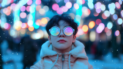 Stylish Korean man with neon reflections in augmented reality glasses, Wearable AR sunglasses in Korea urban city with bokeh lights, Futuristic fashion and immersive experience concept
