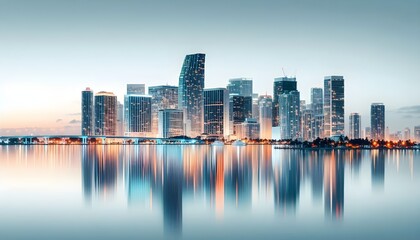 Obraz premium Miami skyline at dusk with illuminated buildings reflecting in the water. The cityscape is set against a white background, highlighting the urban architecture