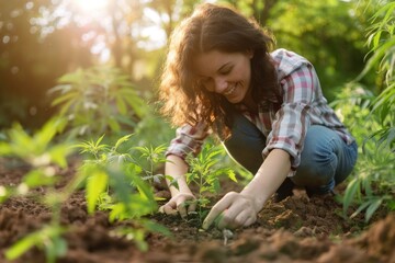 Legal cannabis gardening on a beautiful sunny day, a woman growing a CBD herb on green garden