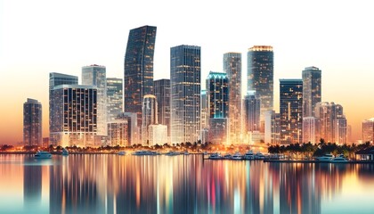 Fototapeta premium Miami skyline at dusk with illuminated buildings reflecting in the water. The cityscape is set against a white background, highlighting the urban architecture