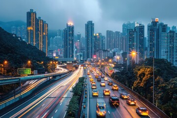 Fototapeta premium Light flow of traffic on a evening highway in a city with modern high buildings. ai generative