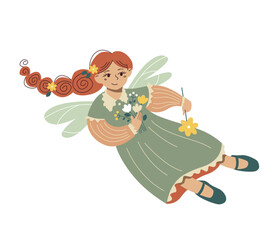 Flying flower fairy isolated on a white background. Cute cartoon character for kids. Nice fantasy girl in a dress with a wings holds a bouquet of flowers.