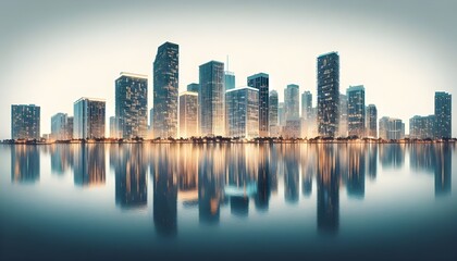 Obraz premium Miami skyline at dusk with illuminated buildings reflecting in the water. The cityscape is set against a white background, highlighting the urban architecture