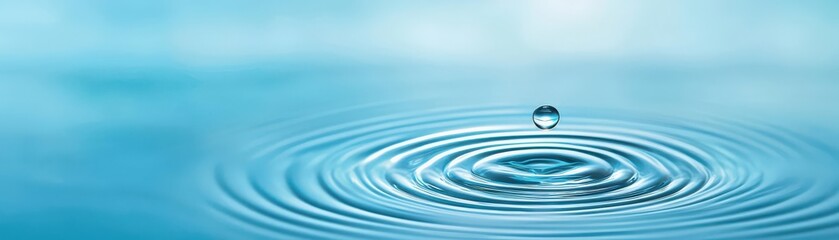 A single water droplet creates ripples on a calm blue surface, demonstrating the serene beauty and tranquility of water dynamics