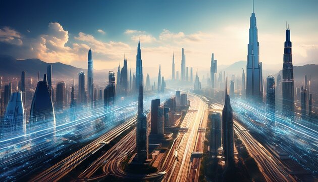 科学的に発展した近未来都市 デジタル 高速道路 ハイテク