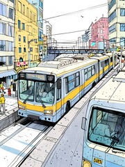 Fototapeta premium Cityscape with a Public Transportation and Pedestrian