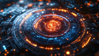 Complex holographic interface with spinning gears, glowing blue and red, dynamic depth, digital matrix