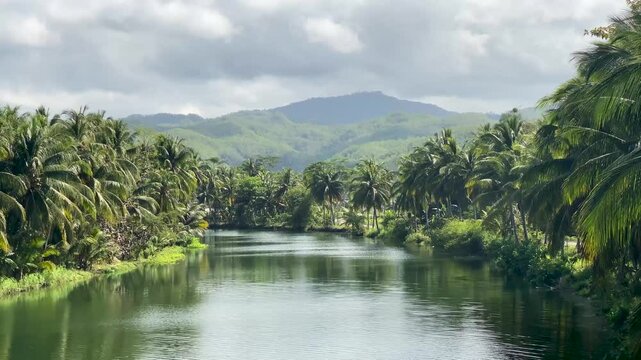 A view of a large, calm river surrounded by coconut trees and beautiful hills in Pacitan district, East Java, Indonesia.