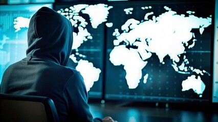 Digital Forensics Expert with Computer Monitors – Hacker in hoodie reviewing data on multiple screens with a global map overlay.
