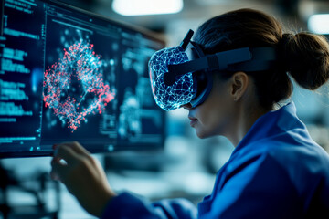 A woman uses virtual reality technology to analyze data visualizations in a modern lab environment, showcasing innovation.