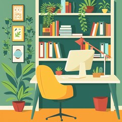 Cozy home office, desk and books, flat design illustration