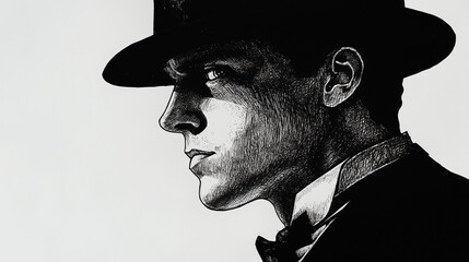 A black-and-white portrait of a man in a hat, created using graphic techniques. The lines accentuate the contours of the face, emphasizing the restrained and mysterious image